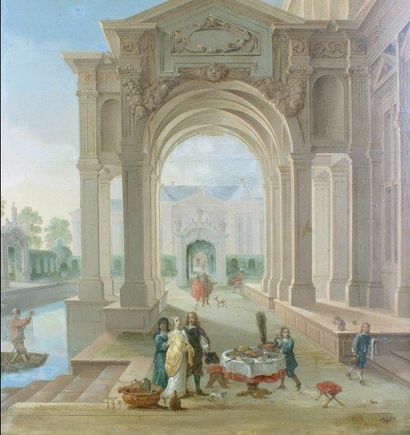 Attribué à Gerhard HOUCKGEEST, vers 1600-1661 Un déjeuner sous les arcades d'un palais...