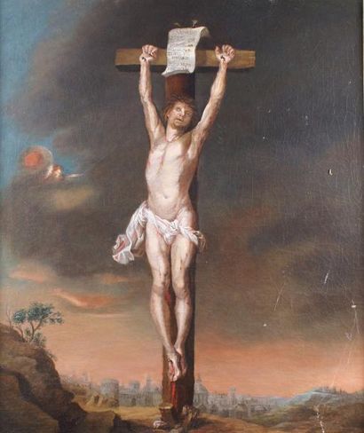 ÉCOLE FRANÇAISE du XIXe siècle Christ en croix Huile sur toile. 87 x 72
