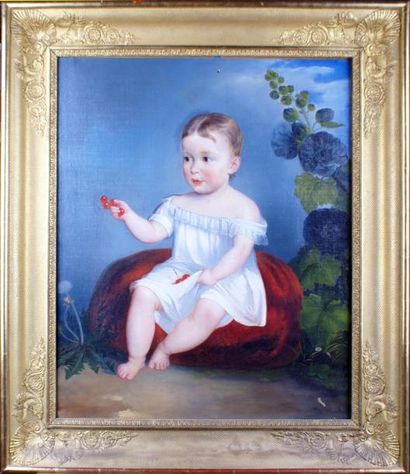 ÉCOLE FRANÇAISE, vers 1840 Jeune enfant aux cerises Toile d'origine. 72 x 58Expert:...