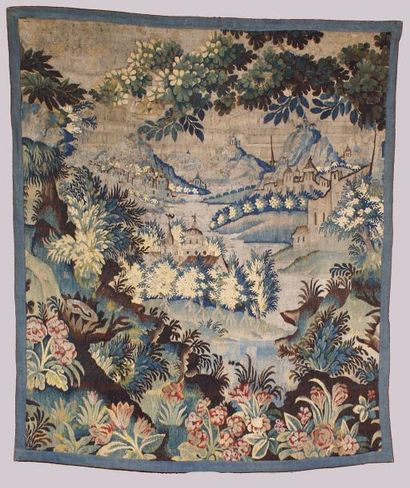 AUBUSSON XVIIIe siècle Fragment de tapisserie dite «Verdure» à décor de paysage architecturé....