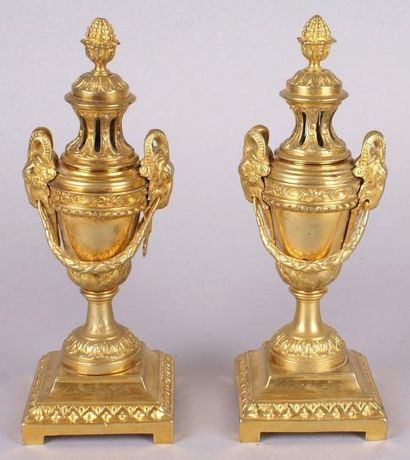 null Paire de vases flambeaux de style Louis XVI en bronze doré à décor de pomme...