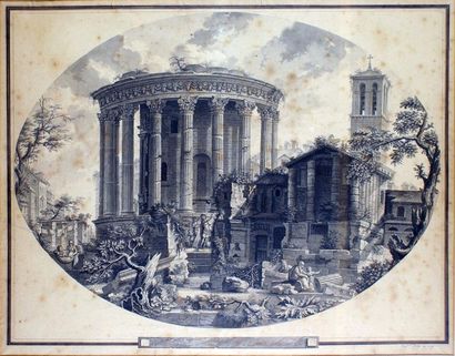 ÉCOLE FRANÇAISE, vers 1800 Paysage de ruines animé en Italie Encre de Chine et lavis....