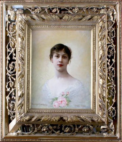 Georges CROEGAERT - 1848-1923 PORTRAIT DE FEMME, 1883 Huile sur panneau, signée en...