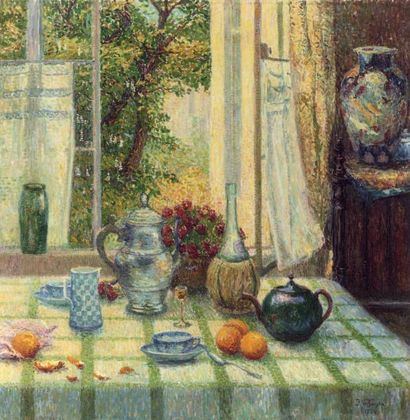 Fernand VERHAEGEN - 1883-1975 TABLE FLEURIE DEVANT LA FENÊTRE, 1909 Huile sur toile,...