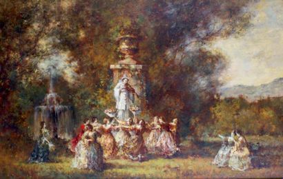 François MAURY - 1861-1933 LA FÊTE DANS LE PARC Huile sur panneau. 45 x 70