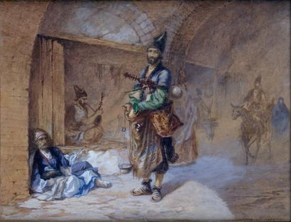 Eugène FLANDIN - 1809-1876 MARCHAND ET MUSICIEN DANS UN SOUK D'ORIENT Aquarelle,...