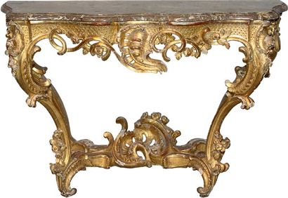 null BELLE CONSOLE d'époque Louis XV en bois doré et sculpté, à décor de coquille,...