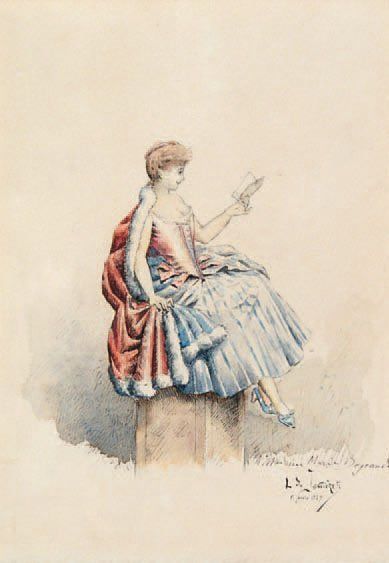 Léonce de JONCIÈRE (né en 1871) LA LECTURE Aquarelle signée. 19,5 x 13,5 cm