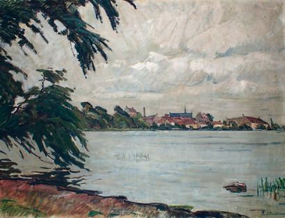 Axel SIMONSEN (1884-1962) VILLAGE EN BORD DE RIVIÈRE Huile sur toile signée en bas...