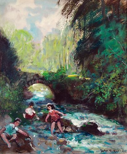 Jules-René HERVÉ (1887-1981) ENFANTS JOUANT PRÈS D'UN PONT EN BORD DE RIVIÈRE Huile...