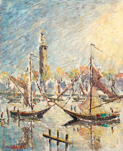 Fernand LAVAL (1886-1966) HOLLANDE, LE PORT DE L'ÎLE DE WALKEREM Huile sur toile...