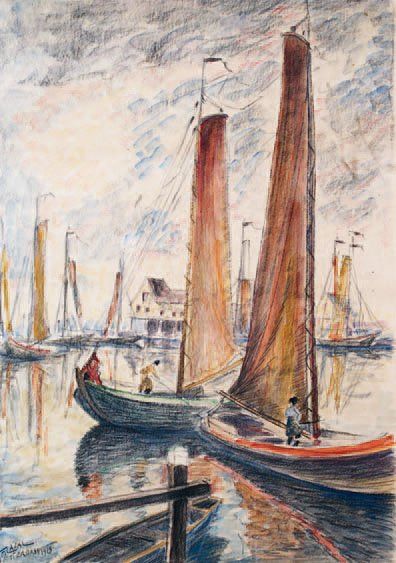 Fernand LAVAL (1886-1966) AMSTERDAM, LE DÉPART DU PÊCHEUR Aquarelle et fusain, signé...