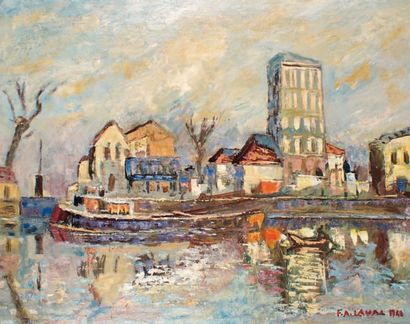 Fernand LAVAL (1886-1966) LE CANAL SAINT-MARTIN, 1940 Huile sur toile signée en bas...