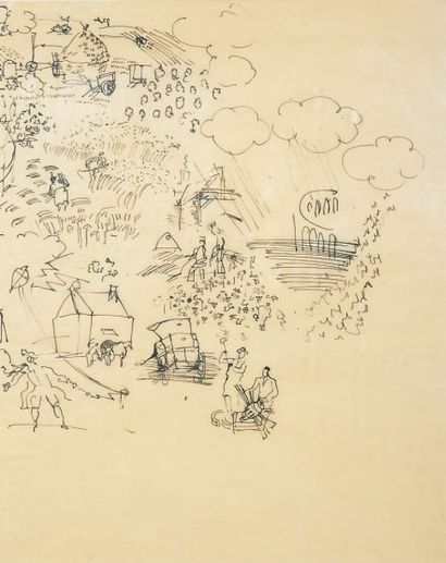 Raoul DUFY - 1877-1953 LES FENAISONS Dessin à l'encre de Chine sur papier calque....