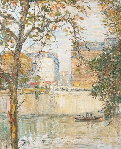Gustave MADELAIN - 1867-1944 PARIS, LES QUAIS DE SEINE Huile sur toile signée en...