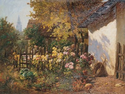 Carl Auguste JAEGER, né à Volklingen en 1879 JARDIN EN FLEURS Huile sur toile signée...