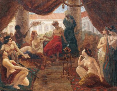 ODALISQUES DANS LE HAREM Huile sur toile marouflée sur panneau, signée du cachet...