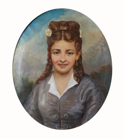Abel TERRAL - 1811-1896 PORTRAIT DE JEUNE FEMME DANS UN PAYSAGE Huile sur toile dans...