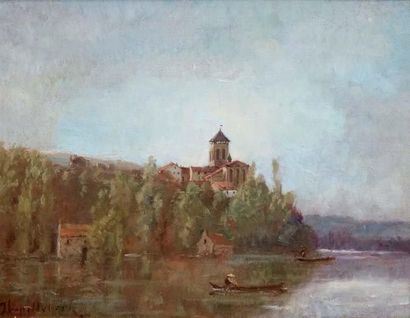 Paul-Désiré TROUILLEBERT - 1829-1900 PAYSAGE DE RIVIÈRE AVEC BARQUE PRÈS DE L'ÉGLISE...