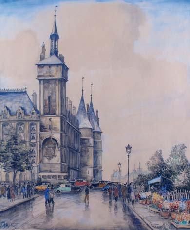 FRANK-WILL - 1900-1951 PARIS, LA CONCIERGERIE, LE MARCHÉ AUX FLEURS Aquarelle signée...