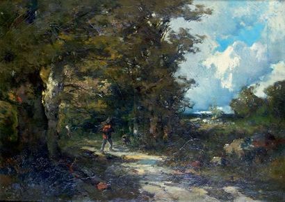 Émile Henri KEYMEULEN - 1840-1882 PAYSAN SUR LE CHEMIN À L'ORÉE DU BOIS Huile sur...