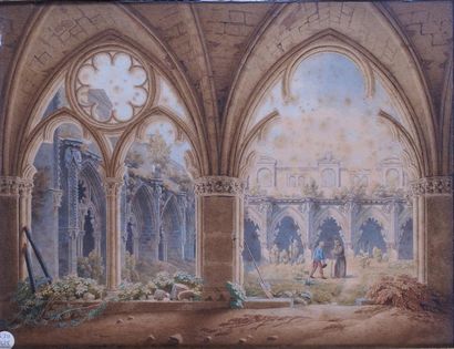 Jean-Lubin VAUZELLE - 1776-1837 CLOÎTRE ANIMÉ, 1823 Aquarelle signée et datée en...