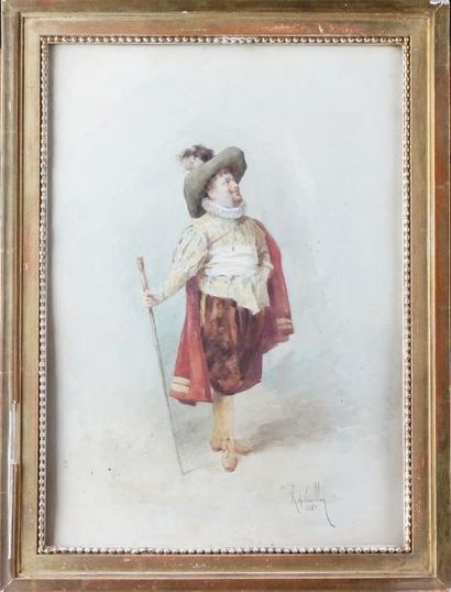 Louis-Robert de CUVILLON - 1848-1931 LE MOUSQUETAIRE, 1885 Aquarelle signée et datée...