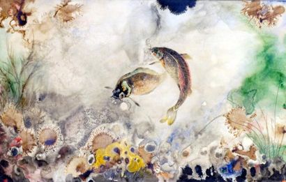 Charles BRIARD, école française du XXe siècle LES POISSONS, 1958 Technique mixte...