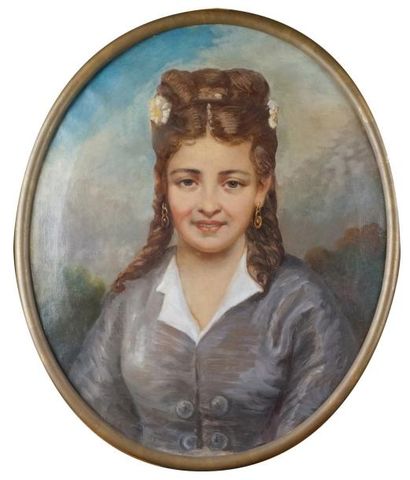 Abel TERRAL - 1811-1896 PORTRAIT DE JEUNE FEMME DANS UN PAYSAGE Huile sur toile dans...