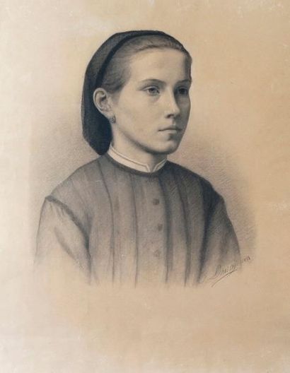 Jules DAISY (1847-1900) PORTRAIT DE JEUNE FILLE, 1868 Fusain signé et daté en bas...