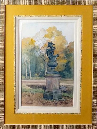 École française, vers 1900 VASE FIGURANT NEPTUNE DANS UN PARC À L'AUTOMNE Aquarelle...