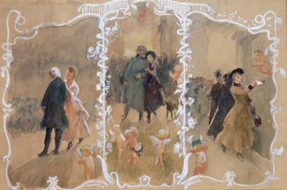 Jules CHERET - 1836-1932 COUPLES ET ANGELOTS, projet de décor Aquarelle et gouache,...