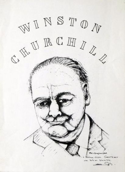 Ed. GOUJON, école française Xxème Winston Churchill, 1965. Lithographie signée et...