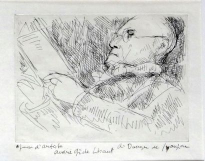 André DUNOYER DE SEGONZAC (1884-1974) André Gide lisant. Eau-forte sur papier Japon...