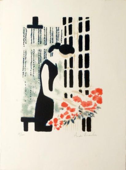 André BRASILIER (né en 1929) Femme au bouquet de fleurs. Lithographie signée et numérotée...