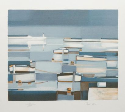 Michel BEZ (né en 1951), peintre de la Marine Bateaux au mouillage. Lithographie...
