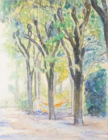 Georges Alfred PAVIS - 1886-1977 LE HAMAC DANS LE JARDIN Aquarelle, signée en bas...