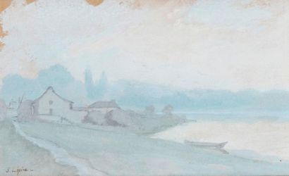 Stanislas LÉPINE - 1835-1892 COUCHER DE SOLEIL SUR L'ÉTANG Aquarelle, signée en bas...