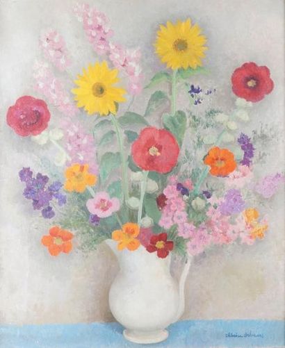 Thérèse DEBAINS - 1907-1975 VASE DE FLEURS Huile sur toile, signée en bas à droite....