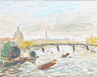 Jean-Jacques RENÉ, né en 1943 LE PONT DES ARTS Huile sur toile, signée en bas à droite....