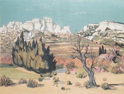 Yves BRAYER - 1907-1990 PAYSAGE DES ALPILLES Lithographie, signée. 39 x 51
