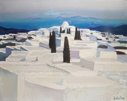 André BRICKA - 1922-1999 VUE DE PATMOS Huile sur toile, signée en bas à droite. 73...