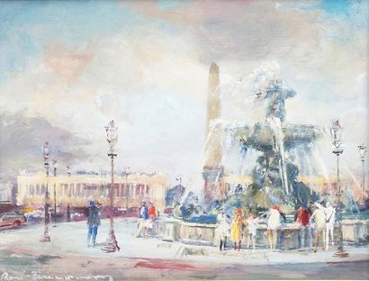 René ZIMMERMANN - 1904-1991 PARIS, LA PLACE DE LA CONCORDE Huile sur carton toilé,...