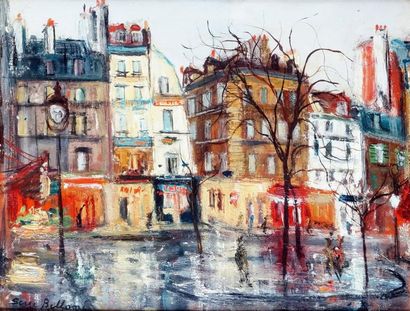 Serge BELLONI - 1925-2005 PARIS, LA PLACE DE LA CONTRESCARPE Huile sur panneau, signée...