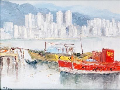 ZAROU, né en 1930 VUE SUR HONG-KONG Huile sur toile, signée en bas à gauche. 27 x...