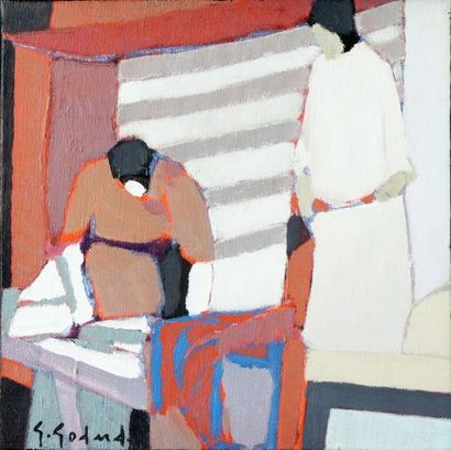 Gabriel GODARD, né en 1933 LE DRAP RAYÉ, 1986 Huile sur toile, signée en bas à gauche,...
