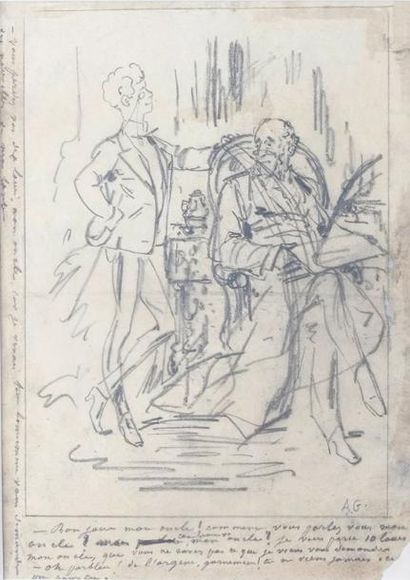 Alfred GREVIN - 1827-1892 BONJOUR MON ONCLE Fusain projet d'illustration avec dialogue...
