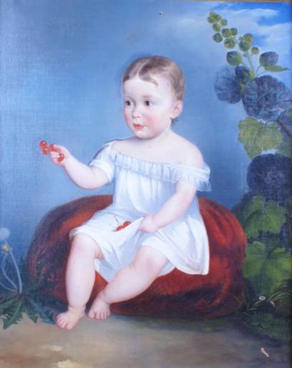 ÉCOLE FRANÇAISE, vers 1840 JEUNE ENFANT AUX CERISES Toile d'origine. 72 x 58 cm