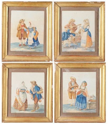 École Française du XIXe siècle Suite de huit aquarelles figurant des italiens en...