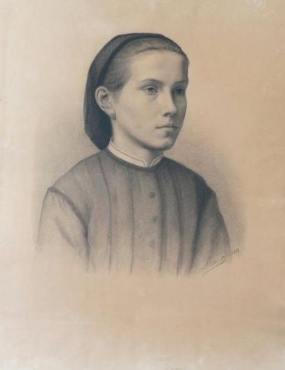 Jules DAISAY (1847-1900) PORTRAIT DE JEUNE FILLE, 1868 Fusain, signé et daté en bas...